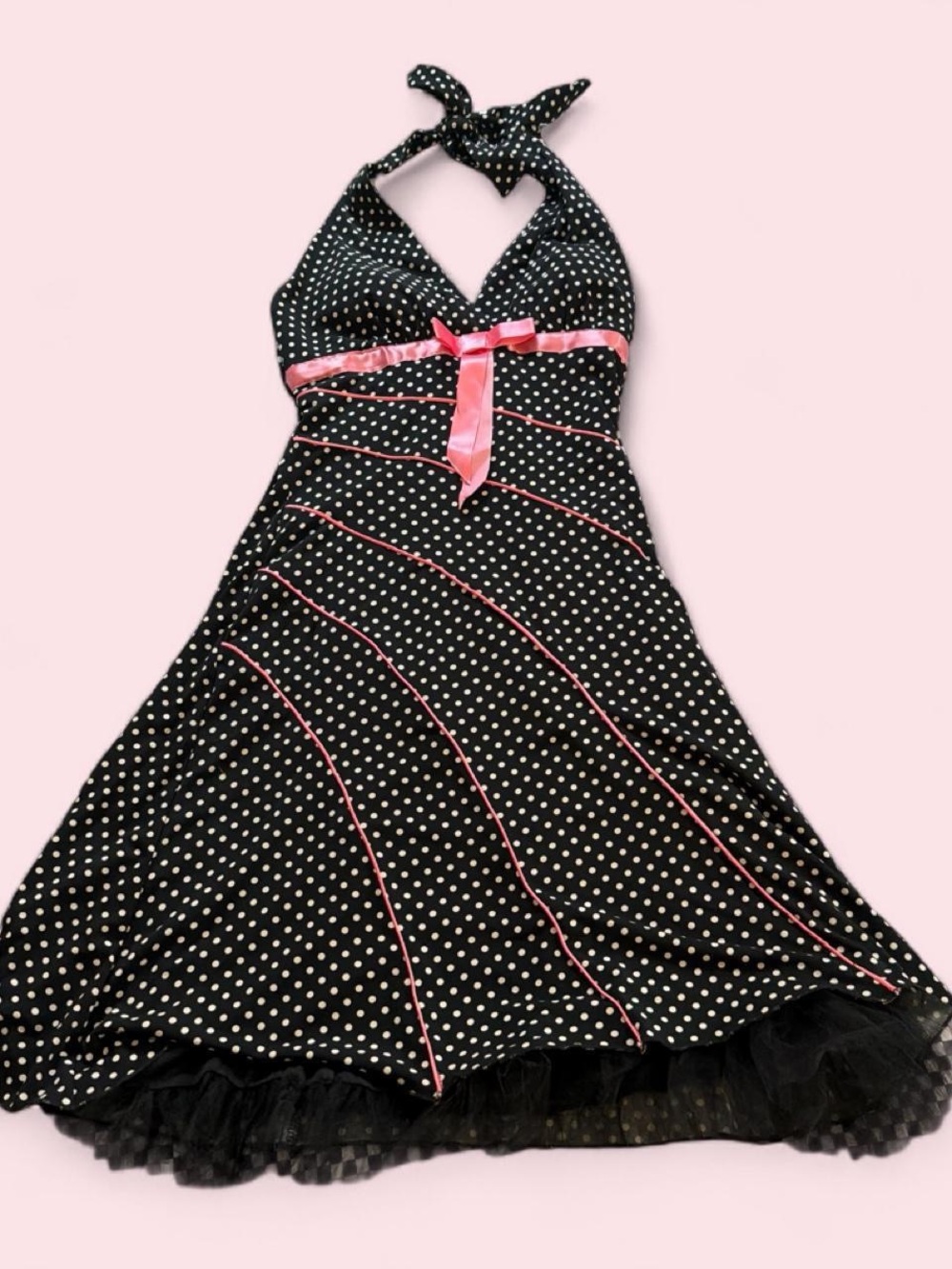 Y2k Black Polka Dot Halter Dress with Pink Ribbon Accents